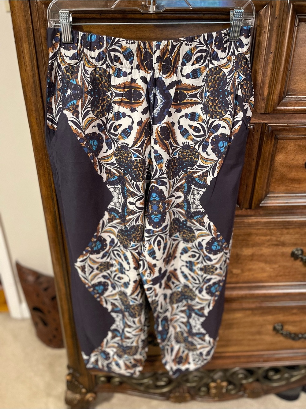 Corey Lynn Calter for Anthropologie Black, Cream & Blue Patterned Cropped Pants